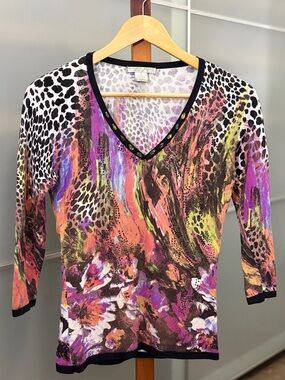 Alberto Makali Abstract Animal Floral Knit V-Neck Top Small